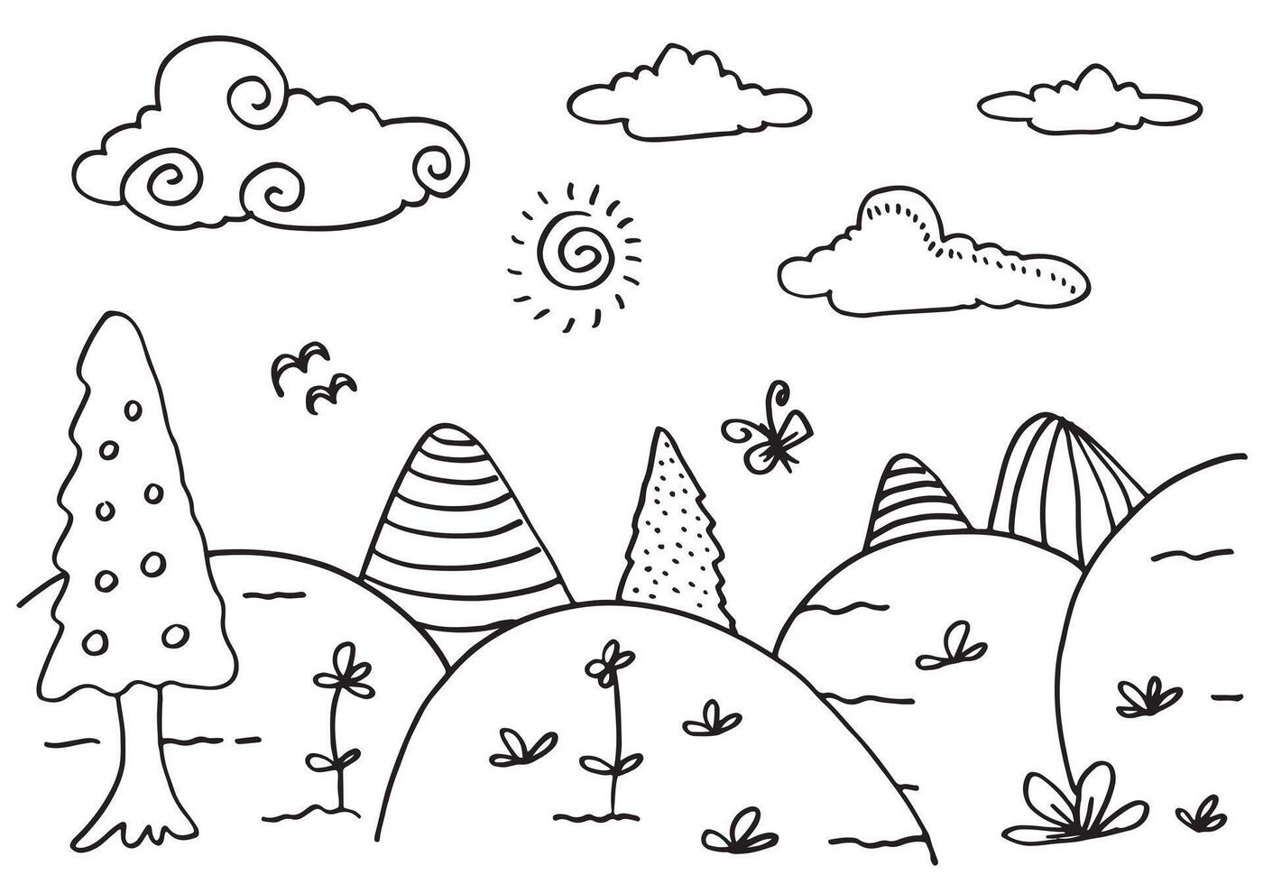 Cute cartoon meadow with mountains, plants, clouds and sun. vector