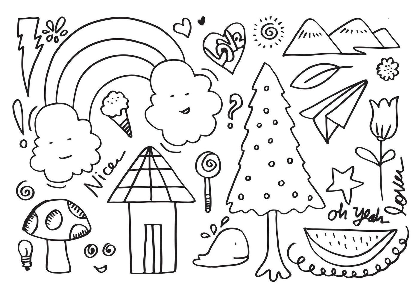 hand-drawn cute doodles set on white background. doodle design elements.doodle kids for decoration and coloring page. vector