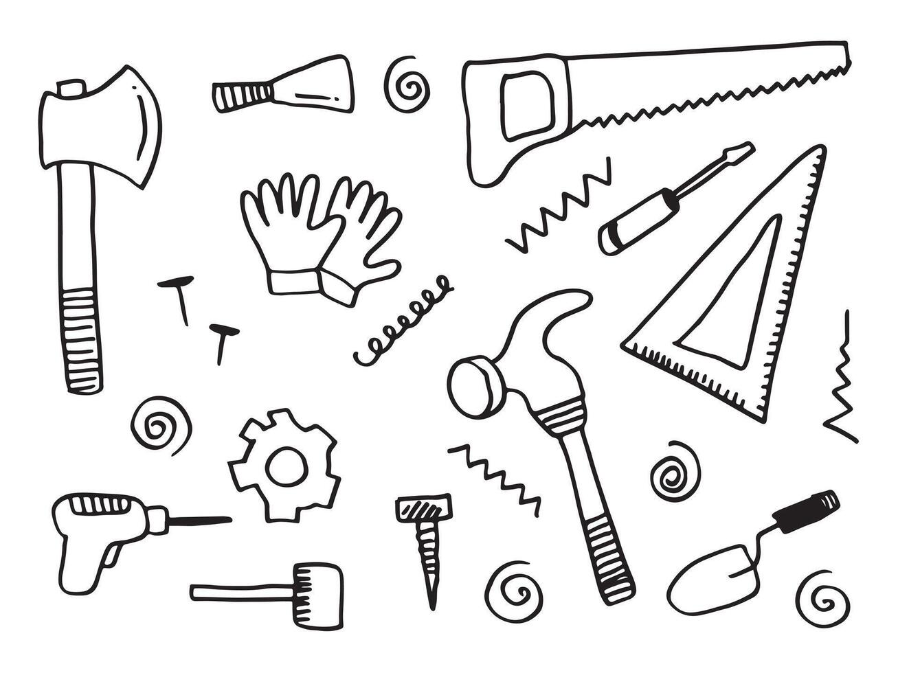 Working construction tools doodles collection on white background vector