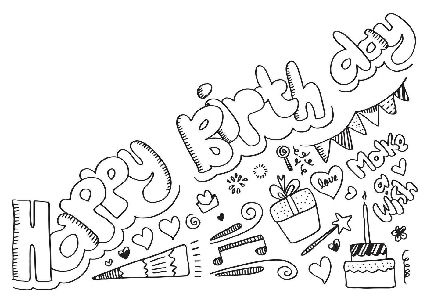 collection of hand drawn doodle cartoon objects and symbols on birthday party for banners and invitation cards. vector