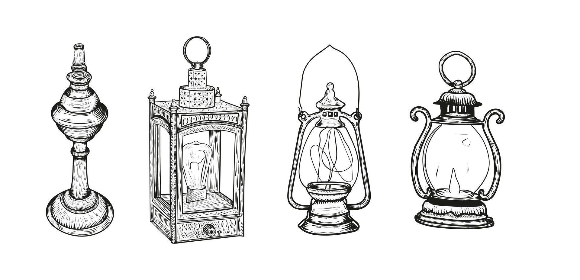 Old lanterns Engraving style Vector Set