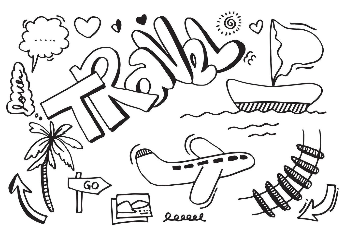 Set of hand drawn travel doodle. Vector illustration.Doodle art world travel collection design.