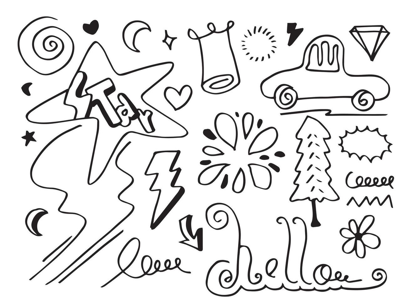 Vector illustration Hand drawn car arrow, star, thunderbolt, clouds and other element design.