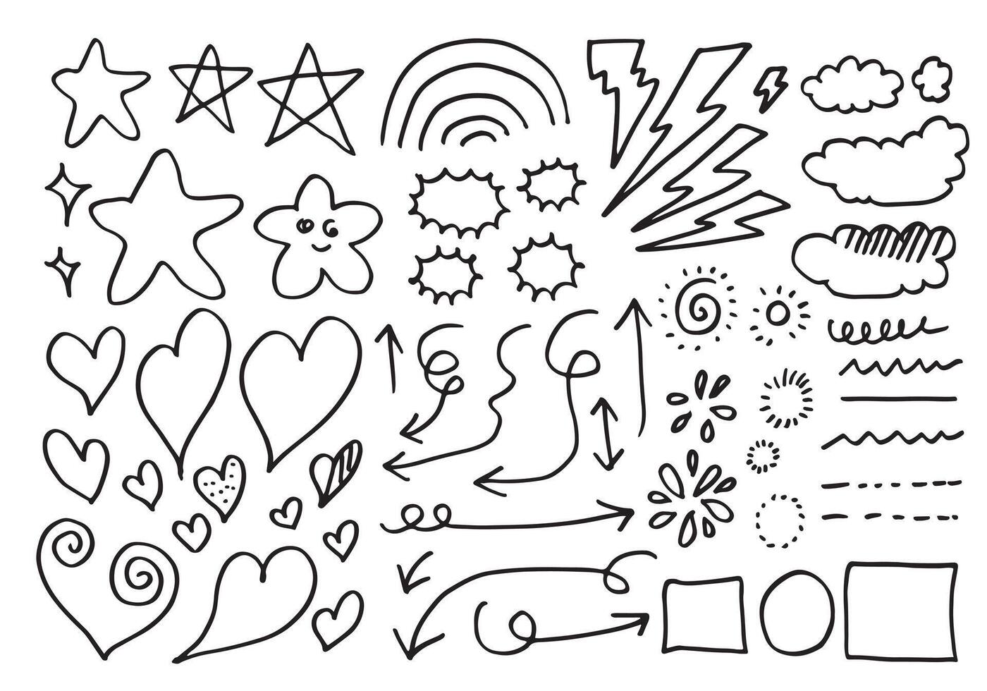 Hand drawn doodle design elements, black on white background. wind, swoops, emphasis, Arrow, crown, line, hill. doodle sketch design elements vector