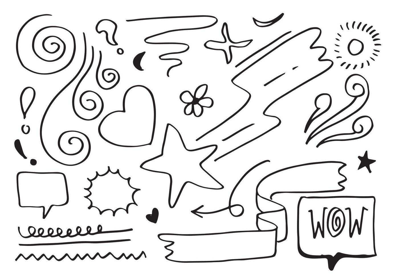 hand drawn arrow, star, speech bubble, heart,light, emphasis, swirl,for concept design. vector