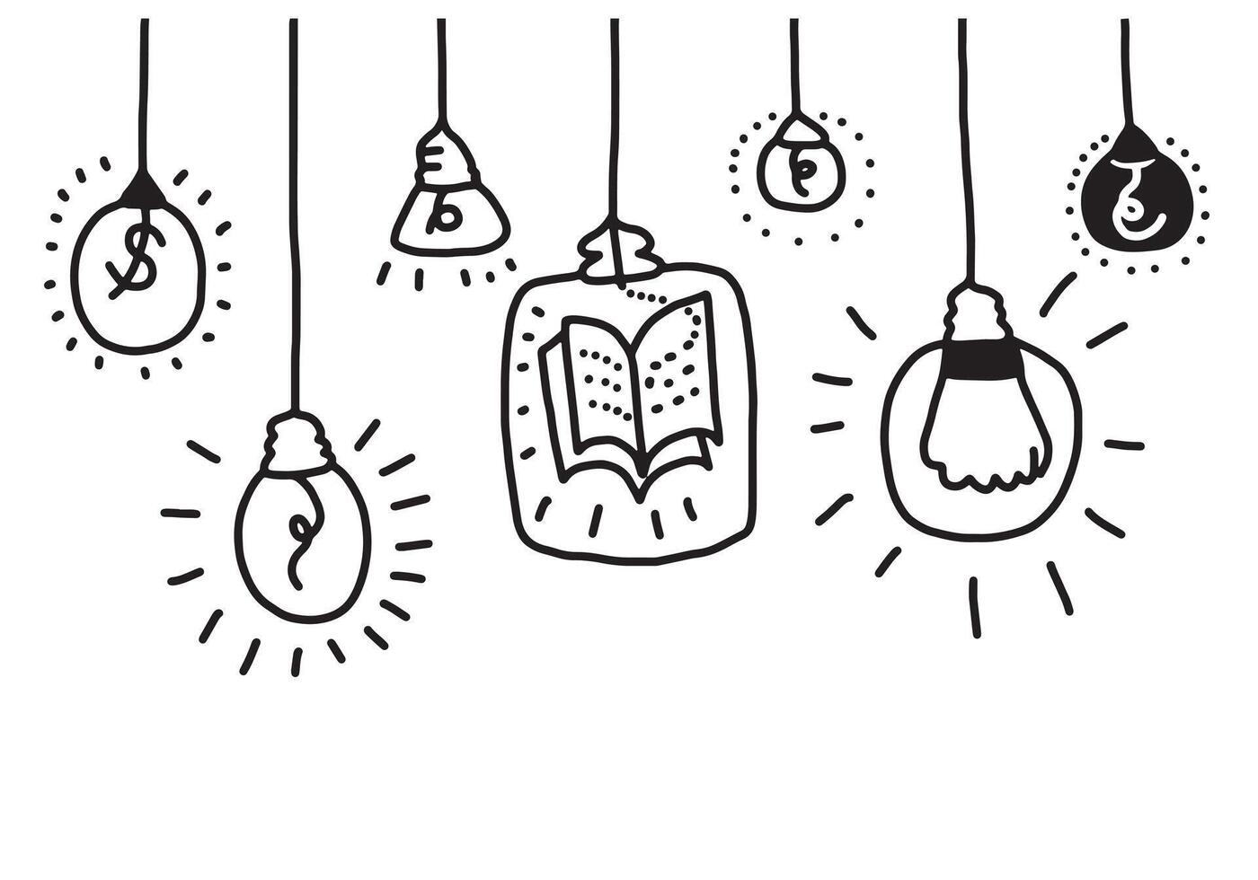 Hand drawn light bulb icons with concept of idea. Doodle style. Vector illustration.