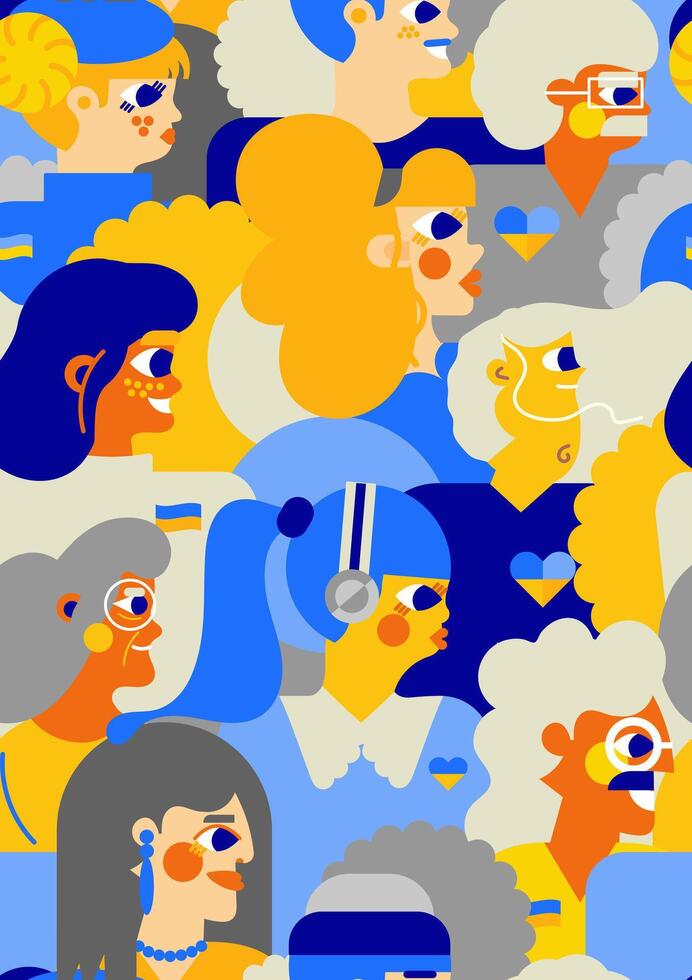 Seamless pattern of Ukrainian people. Modern design, yellow-blue colors, symbolism, unity and spirit of the Ukrainian people. Illustration of people of different ages. vector