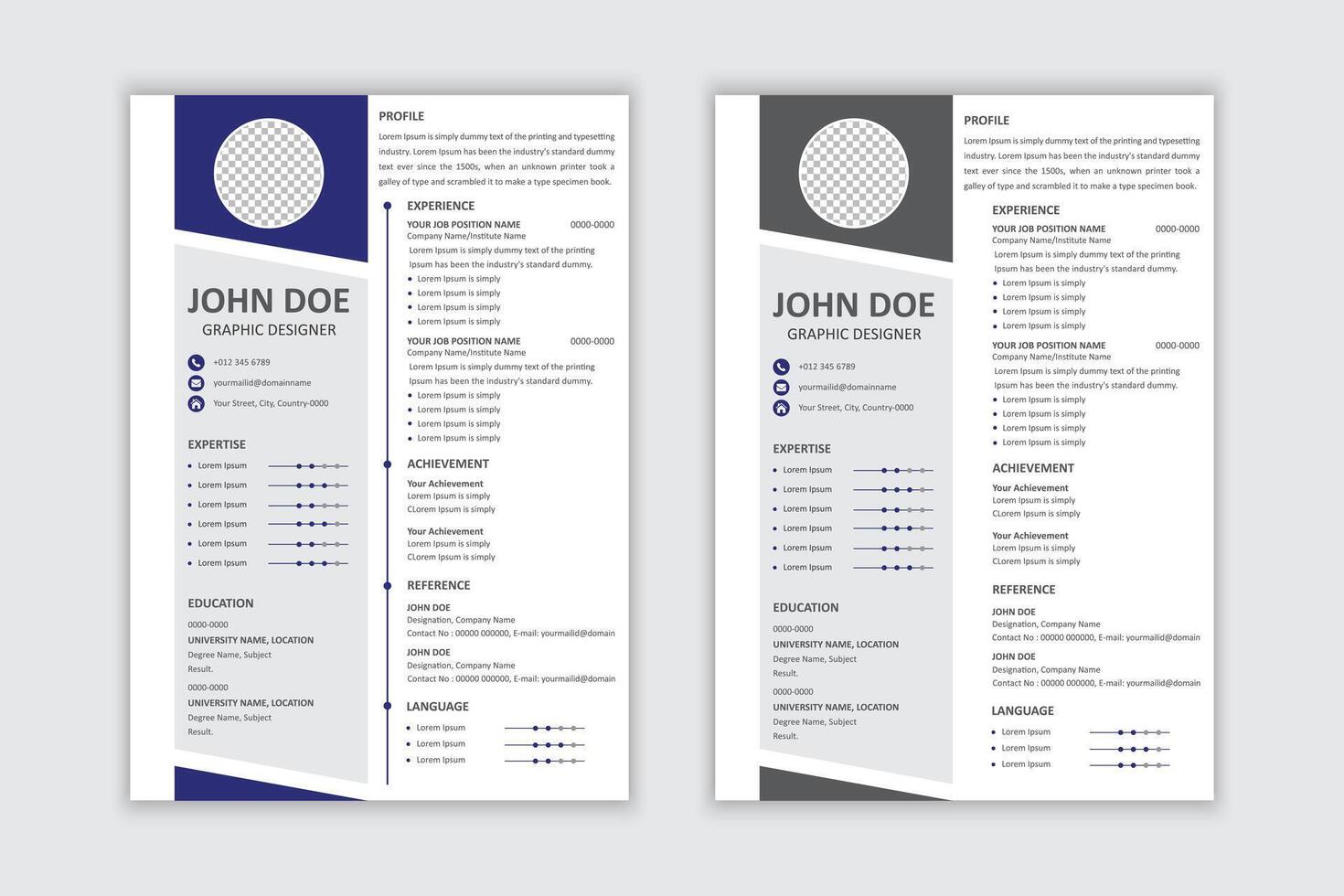 Professional modern resume template with two color variations, vector pro illustration, and editable template