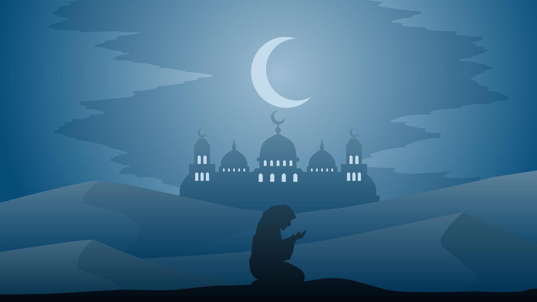 Ramadan landscape vector illustration. Mosque silhouette at night with praying muslim in desert. Mosque landscape for illustration, background or ramadan. Eid mubarak landscape for ramadan event