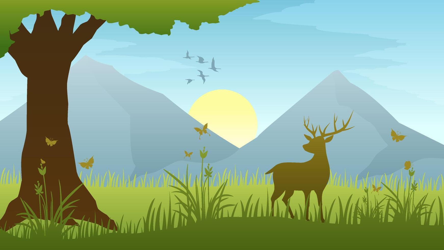 Wildlife deer in spring landscape vector illustration. Scenery landscape of deer and butterfly in spring season. Deer in spring landscape for illustration, background or wallpaper
