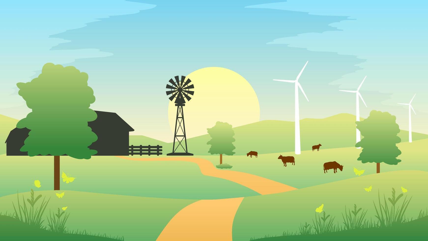 Farmland in spring season landscape vector illustration. Countryside landscape with livestock and farmhouse in spring. Rural agriculture landscape for illustration, background or wallpaper