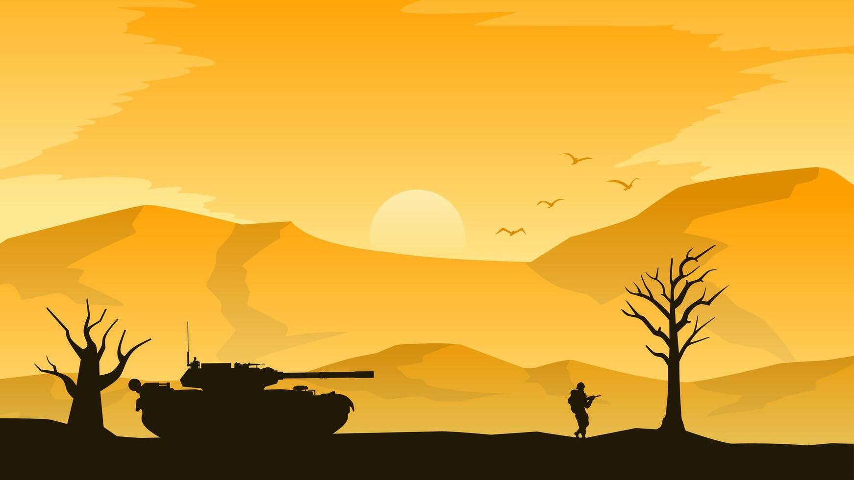 Military training field landscape vector illustration. Silhouette of military tank and soldier in battlefield. Military landscape for illustration, background or wallpaper