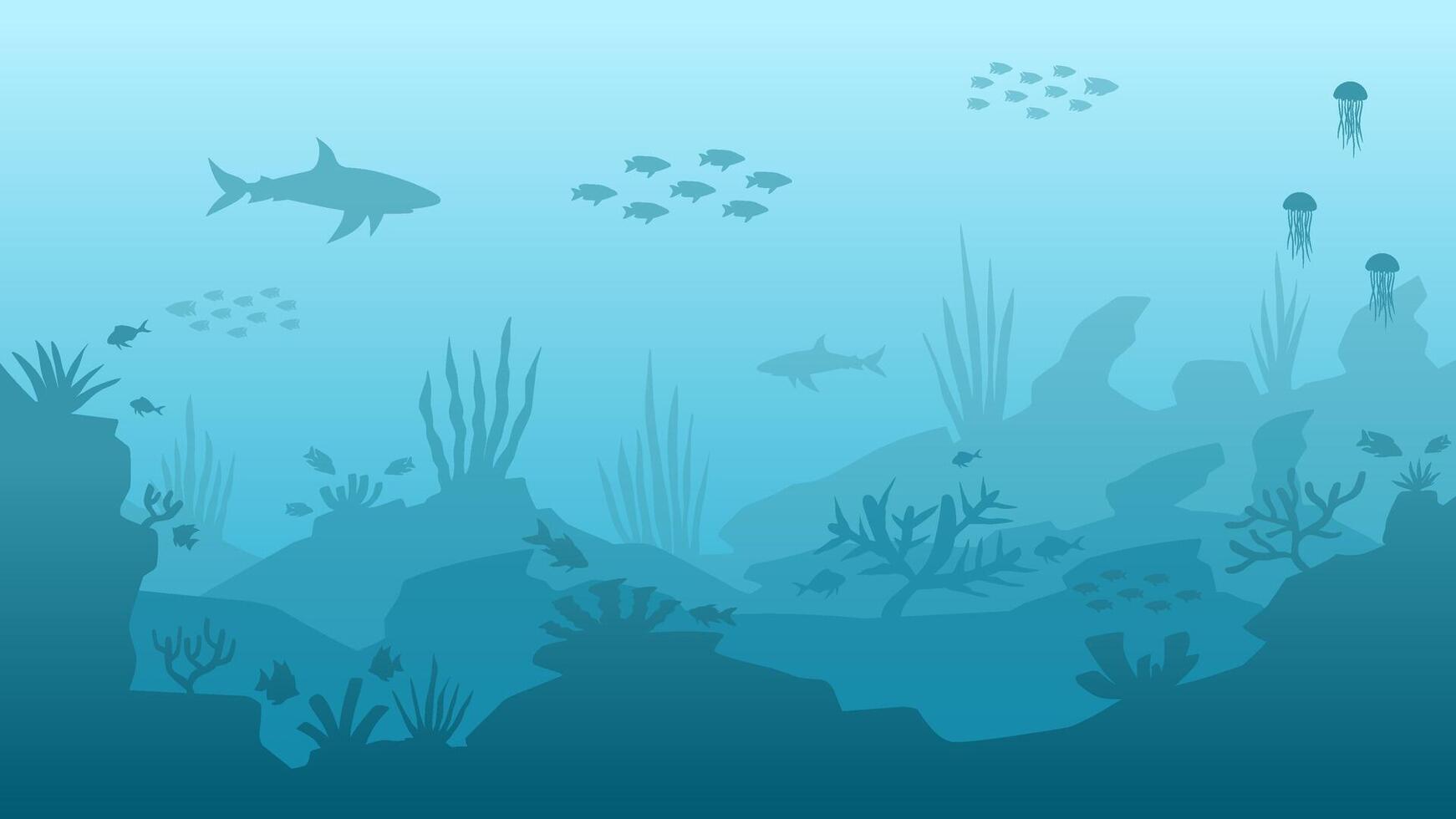 Underwater seascape vector illustration. Deep sea silhouette with fish and coral reef. Undersea landscape for illustration, background or wallpaper