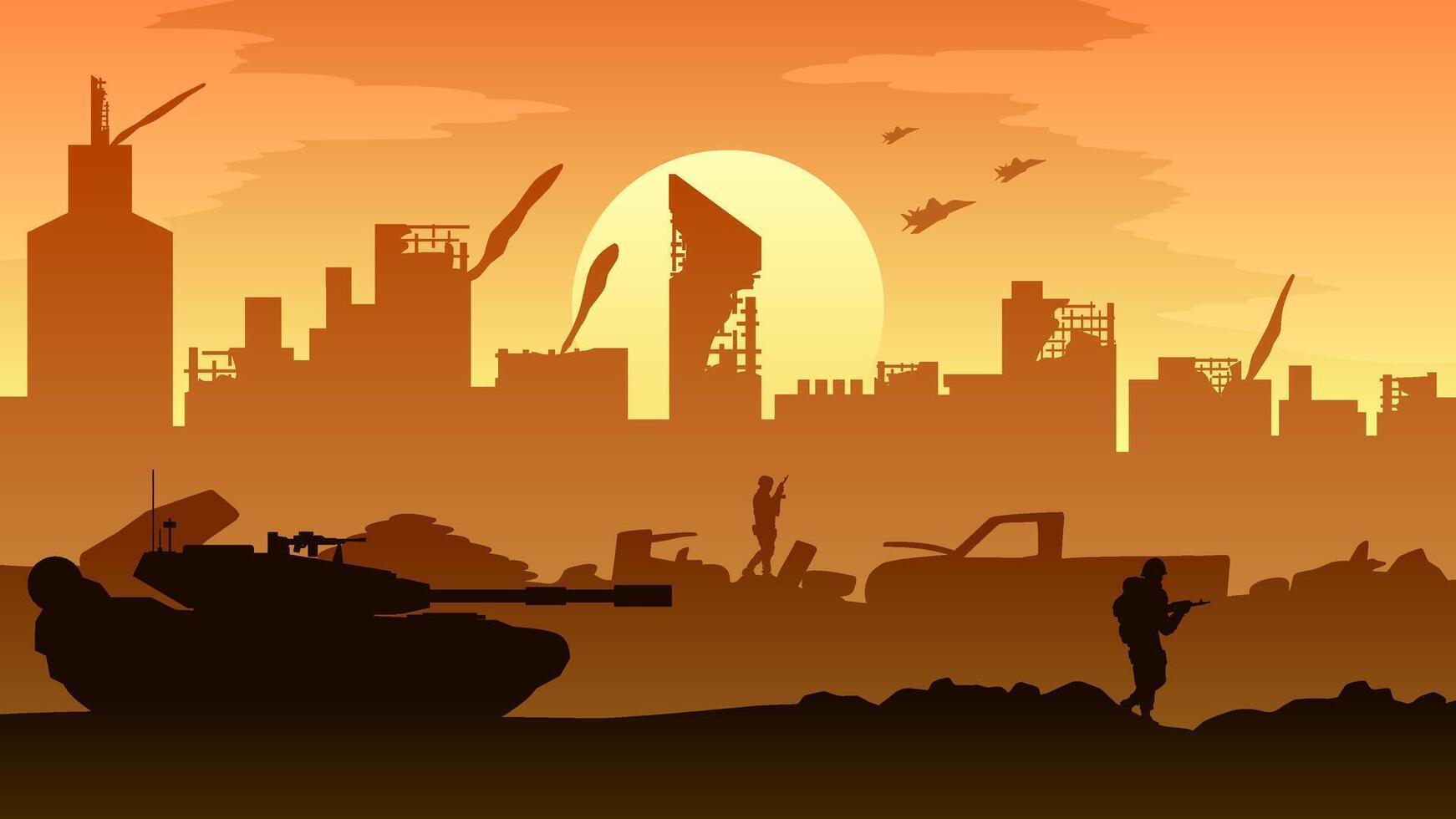 Destroyed city landscape vector illustration. Illustration of military tank and soldier in war conflict. Battlefield landscape for illustration, background or wallpaper