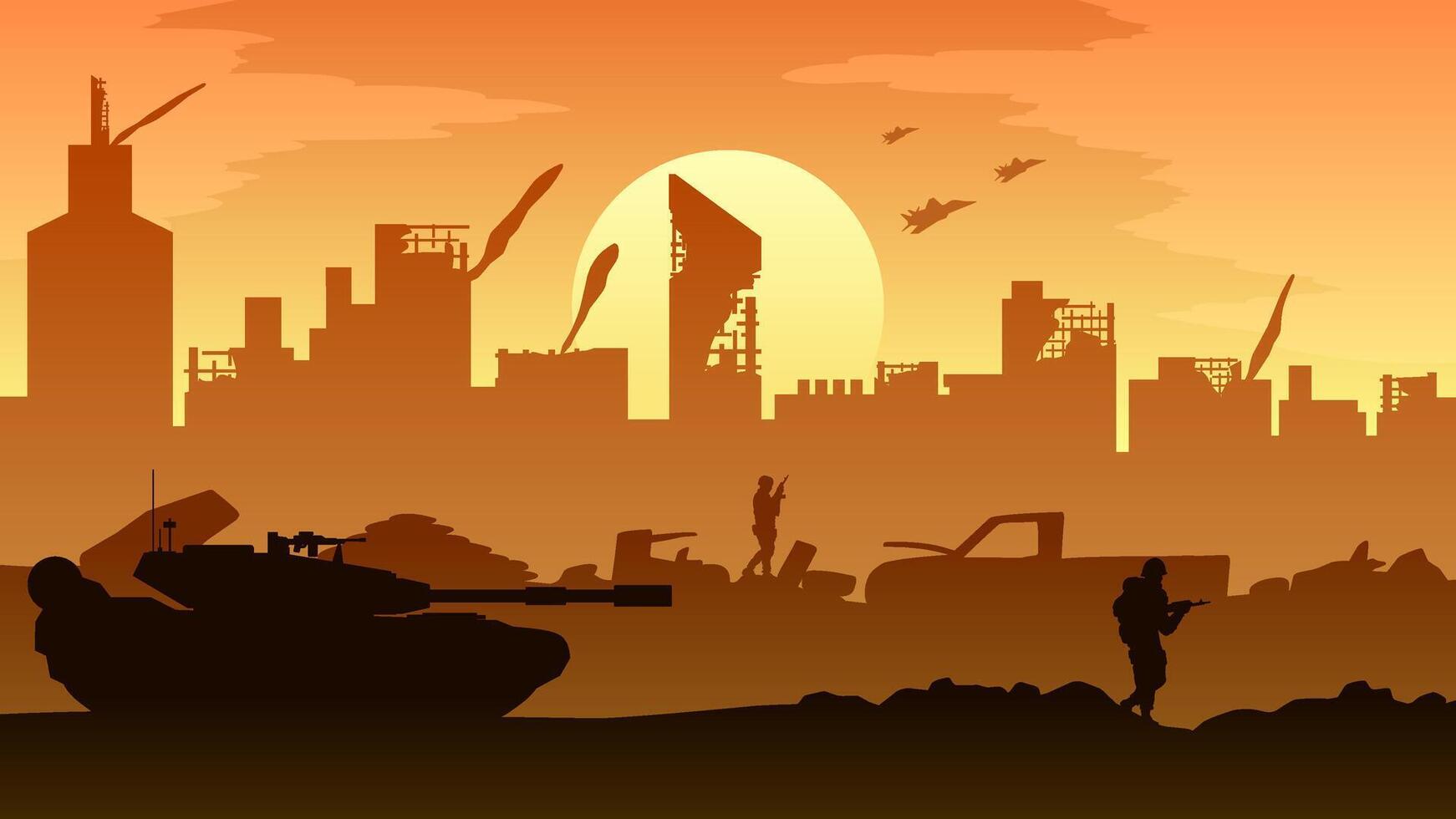 destruido ciudad paisaje vector ilustración. ilustración de militar tanque y soldado en guerra conflicto. campo de batalla paisaje para ilustración, antecedentes o fondo de pantalla