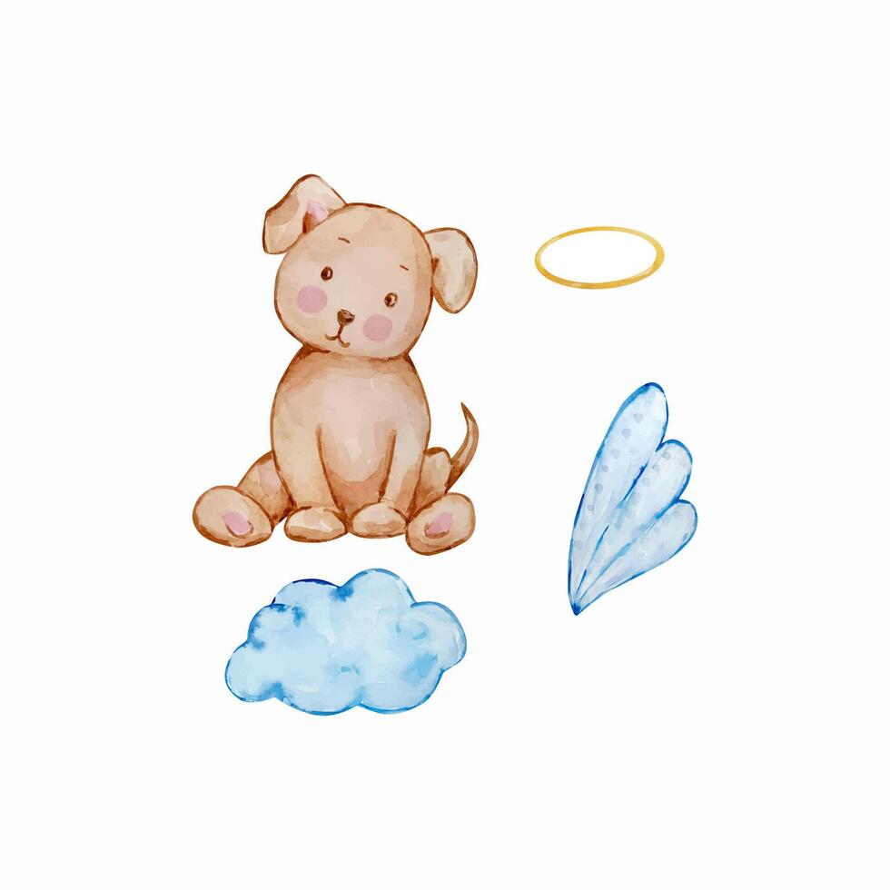 Watercolor cute baby dog angel with wings, nursery vector