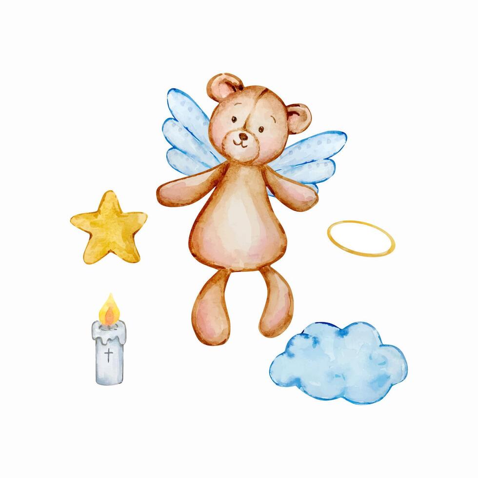 Watercolor cute baby angel bear, nursery vector