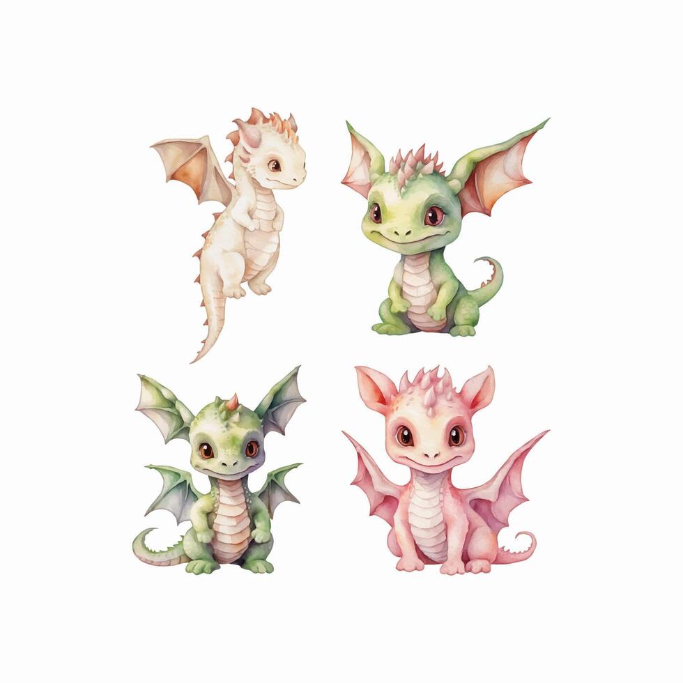 Watercolor cute baby dragon set, nursery vector
