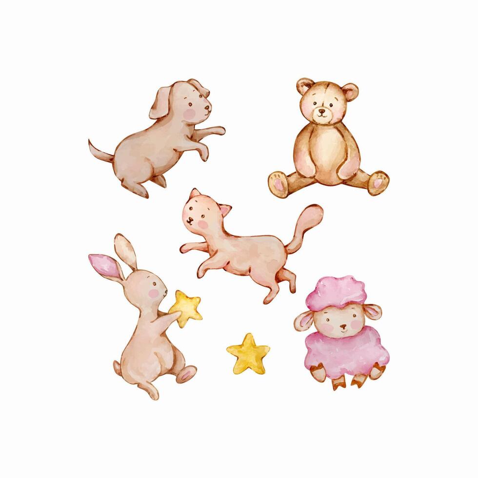 Watercolor cute baby angel animals, nursery vector