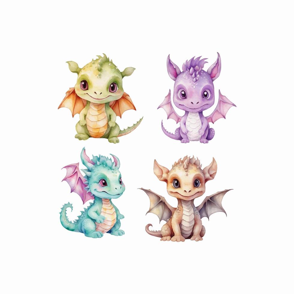 Watercolor cute baby dragon set, nursery vector