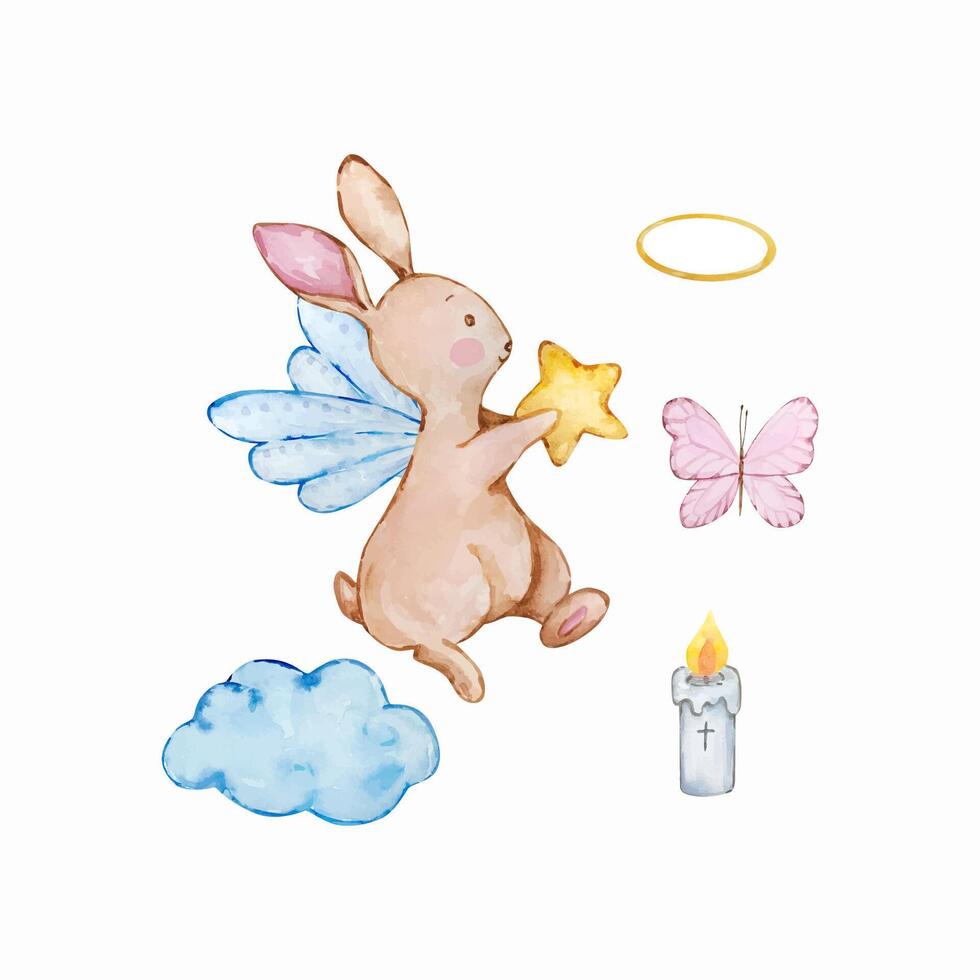 Watercolor cute baby angel bunny, nursery vector