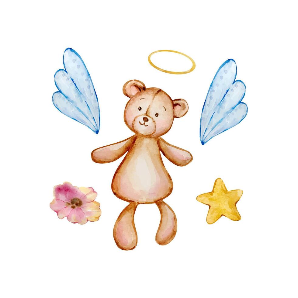 Watercolor cute baby bear angel with wings vector