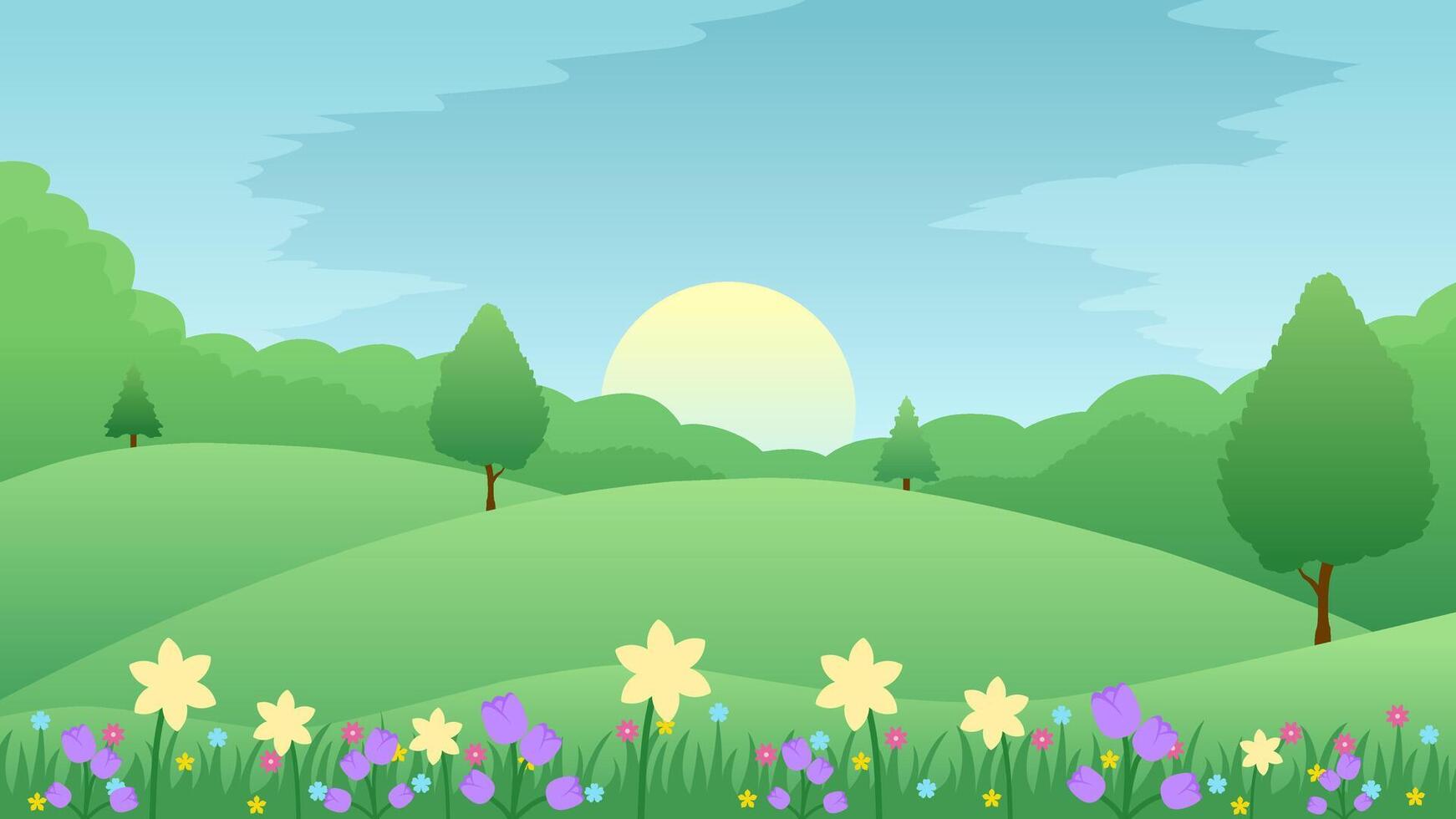 primavera paisaje vector ilustración. colina paisaje en primavera temporada con floreciente flores y prado. primavera temporada paisaje para ilustración, antecedentes o fondo de pantalla