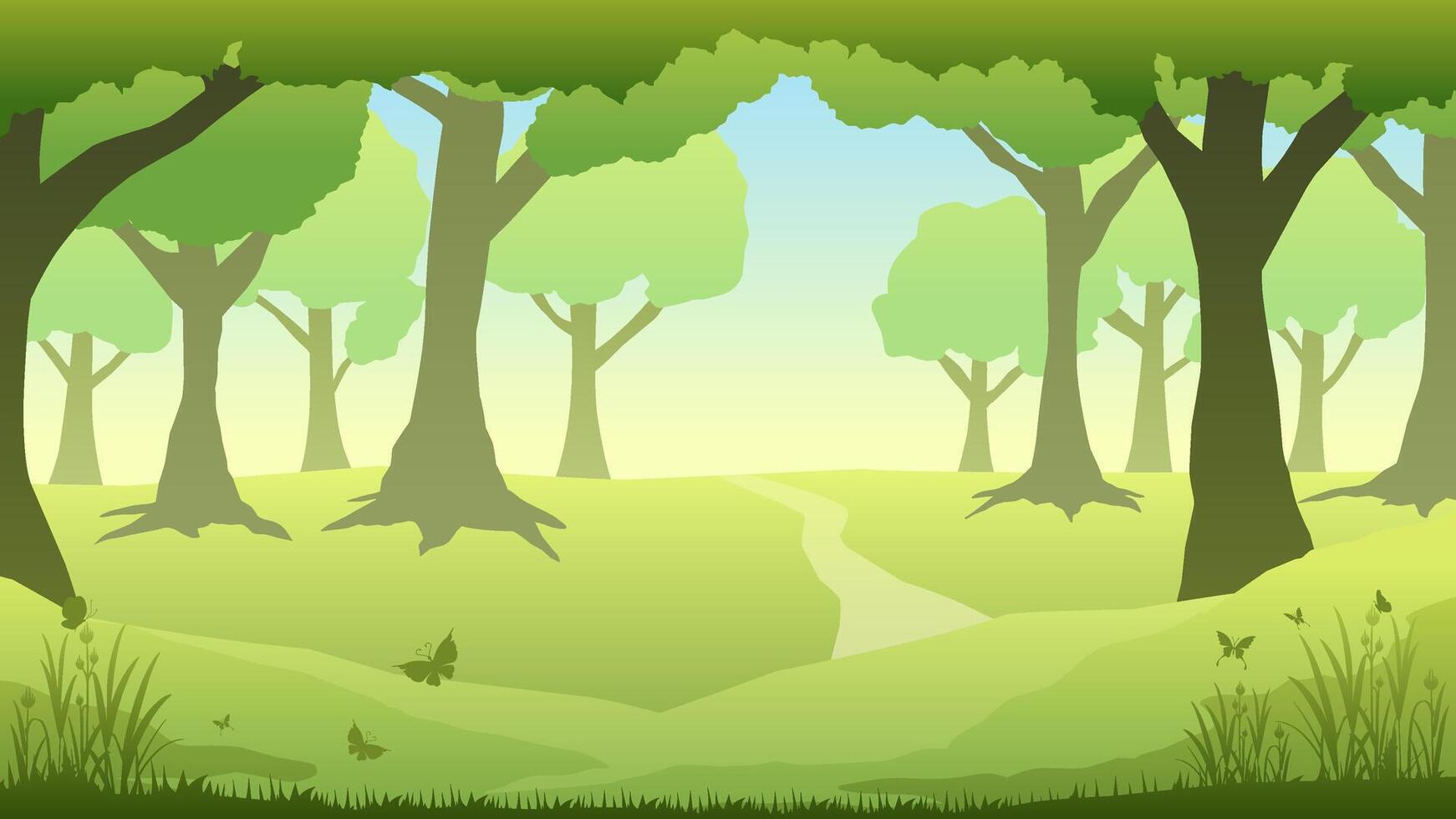 Forest park in spring landscape vector illustration. Scenery landscape of trees forest park in spring season. Forest park landscape for illustration, background or wallpaper