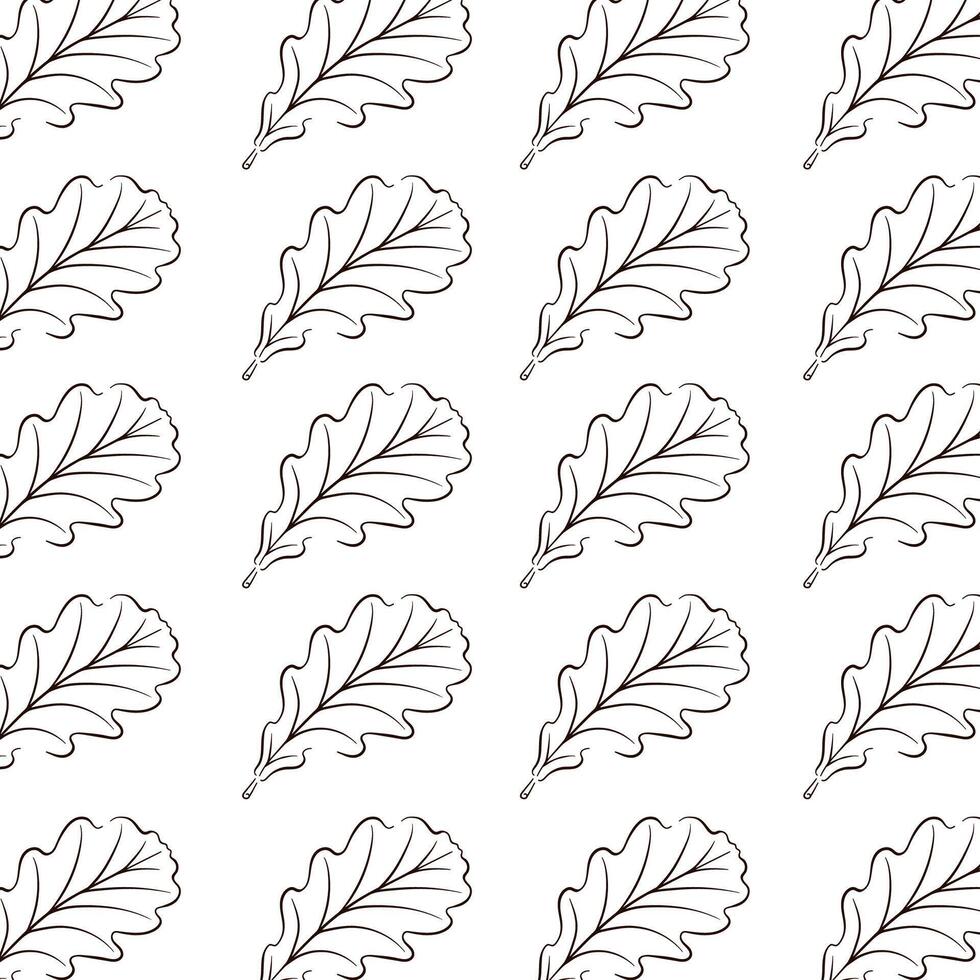 Oak seamless forest pattern in line art, outline style. Design for wallpaper, textile. Vector illustration on a white background.