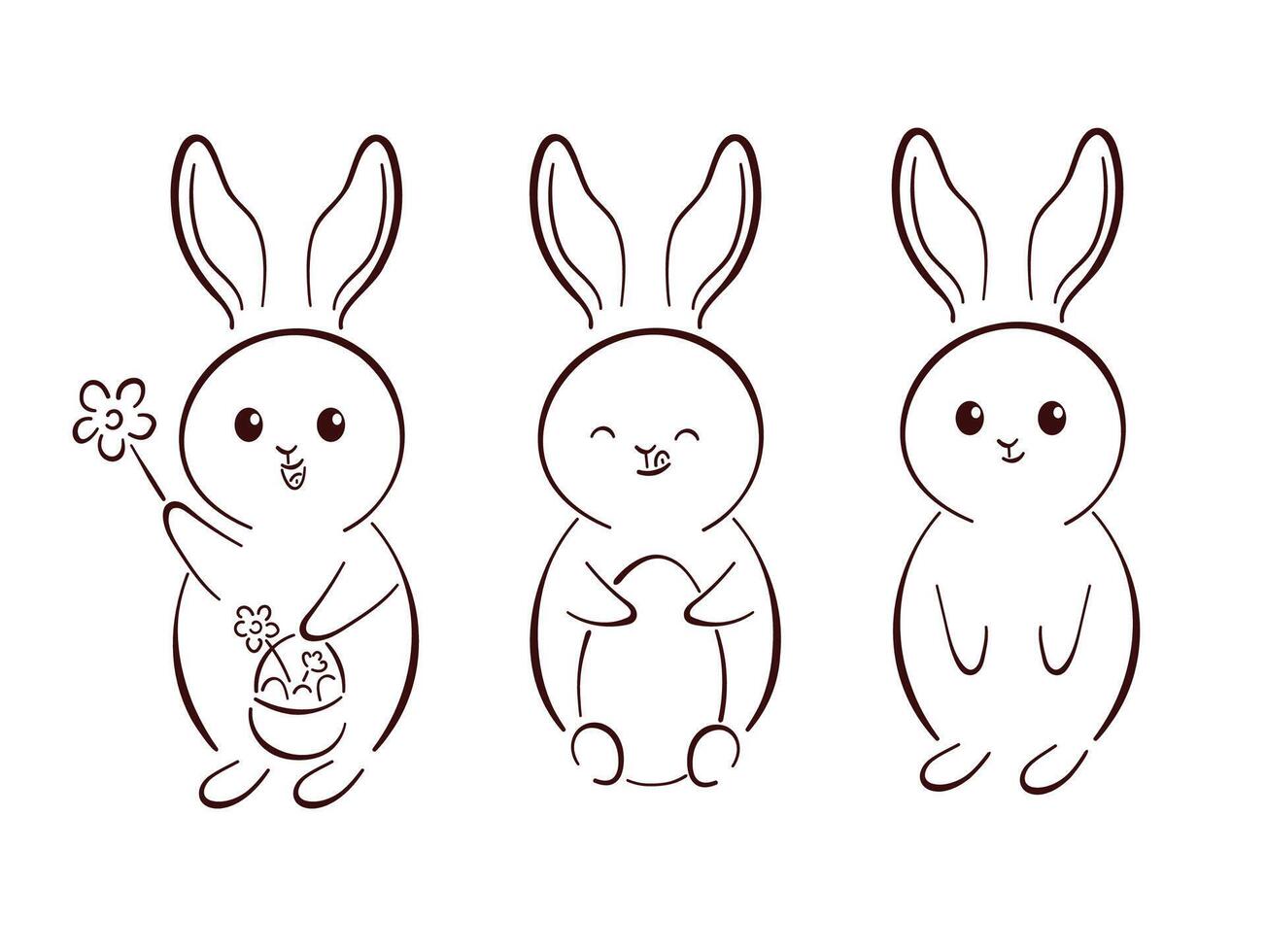 Cute set of Easter bunny in line art style. Rabbit with flowers, basket and eggs. Vector illustration isolated on a white background.