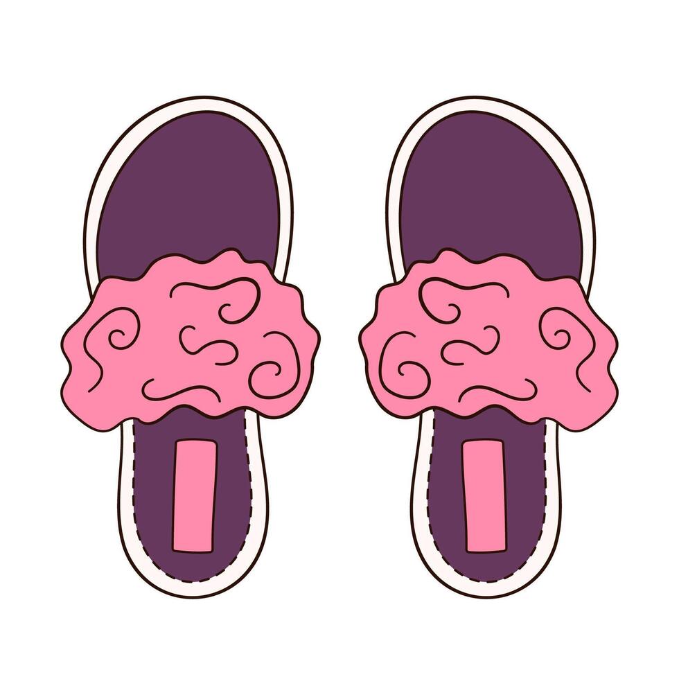 House slippers in cartoon style. Woman, female footwear in pink color. Hand drawn icon for mobile concept and web design, shoes store. Vector illustration isolated on a white background.