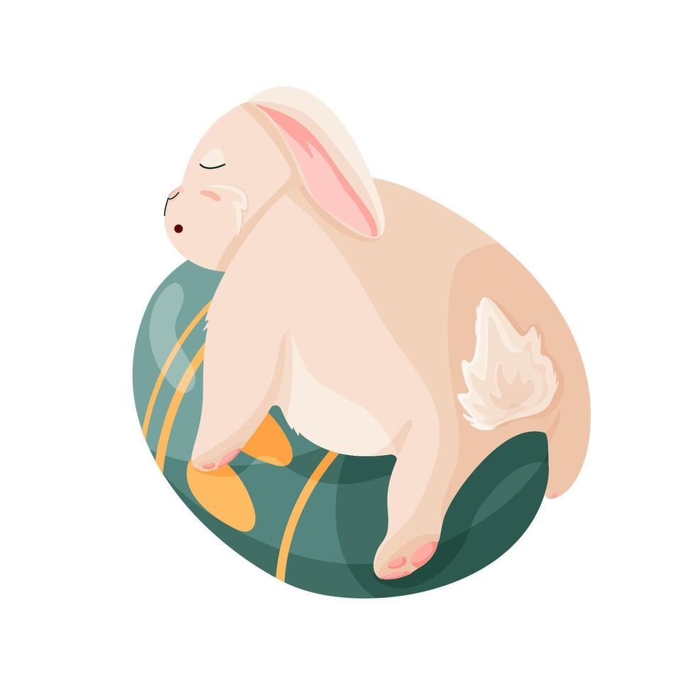 Rabbit sleeps on an egg in cartoon style. Cute bunny for Happy Easter day character design. Vector illustration isolated on a white background.