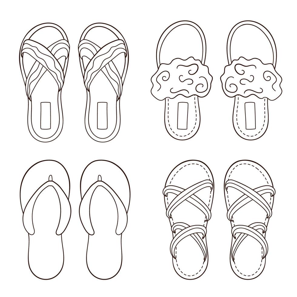 femenino, mujer Zapatos para verano y hogar en línea Arte estilo. mano dibujado casual calzado. vector ilustración aislado en un blanco antecedentes.