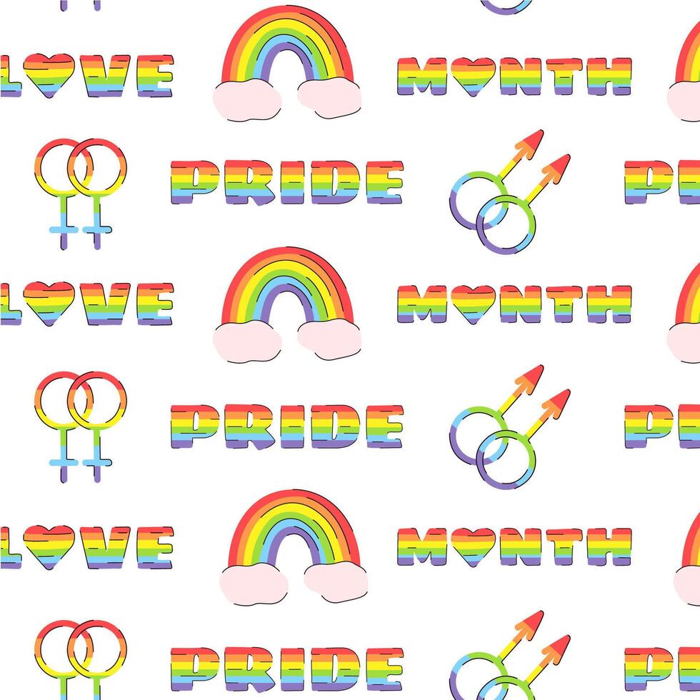 LGBT vector seamless pattern with a doodle pride elements. Gay Pride month banner background. Rainbow spectrum flag rainbows. LGBT rights concept. Modern parades poster, invitation card design.