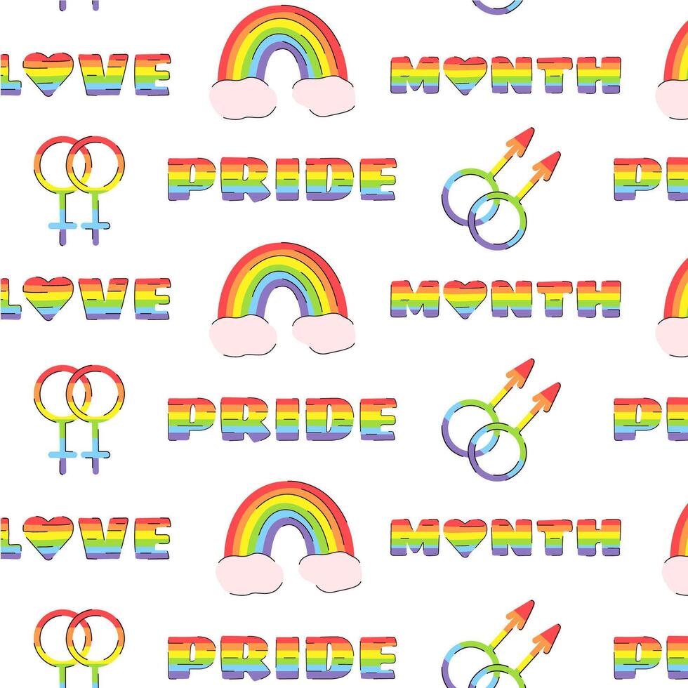 lgbt vector sin costura modelo con un garabatear orgullo elementos. gay orgullo mes bandera antecedentes. arco iris espectro bandera arcoiris lgbt derechos concepto. moderno desfiles póster, invitación tarjeta diseño.