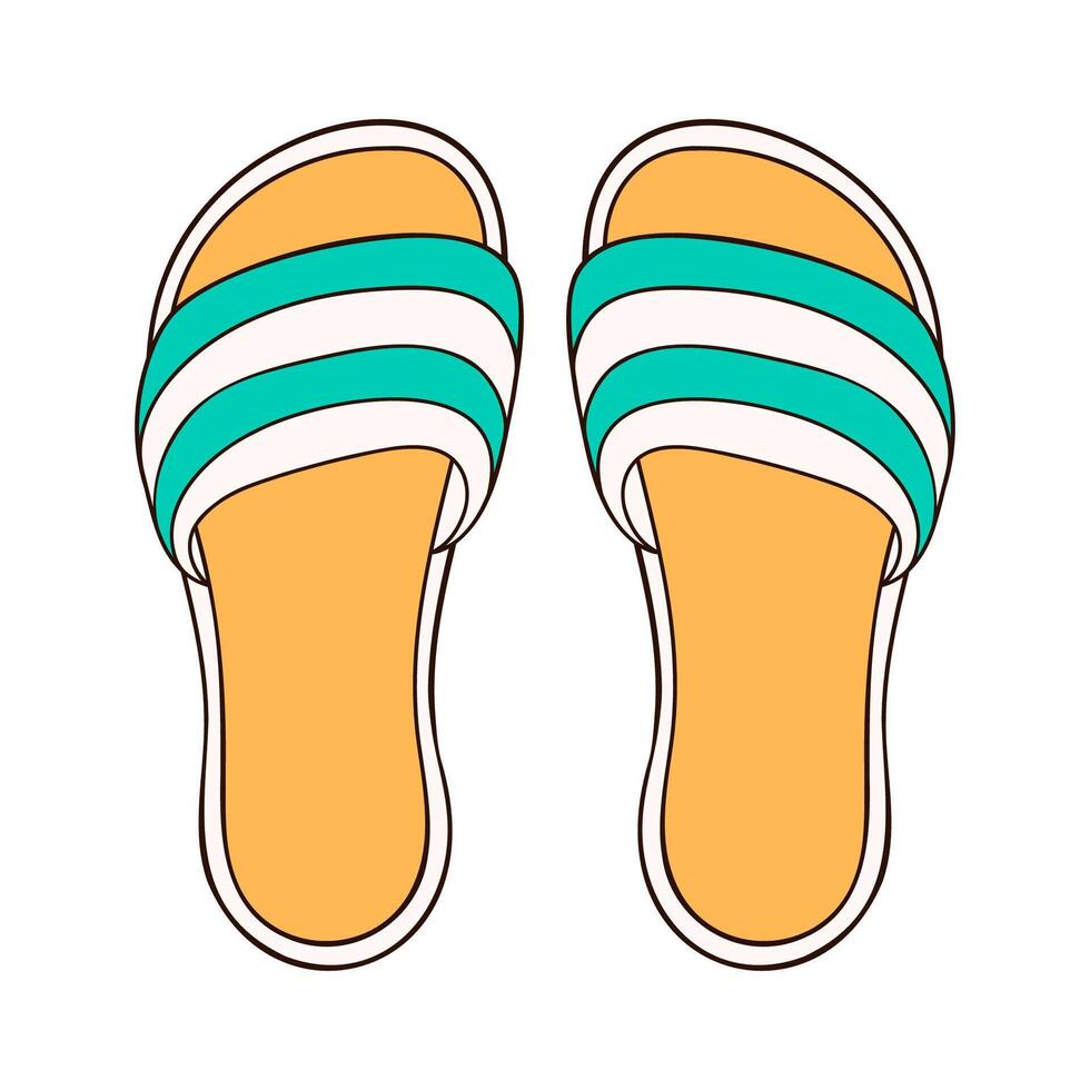 Slipper with stripes icon in cartoon style. Flip flops beach shoes green and yellow color. Vector illustration isolated on a white background.