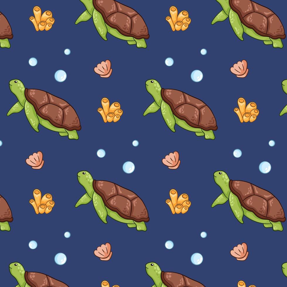 Summer seamless pattern with undersea animal turtle. Cartoon style. Seashell, coral, seaweed, bubbles. Vector illustration on a blue background.