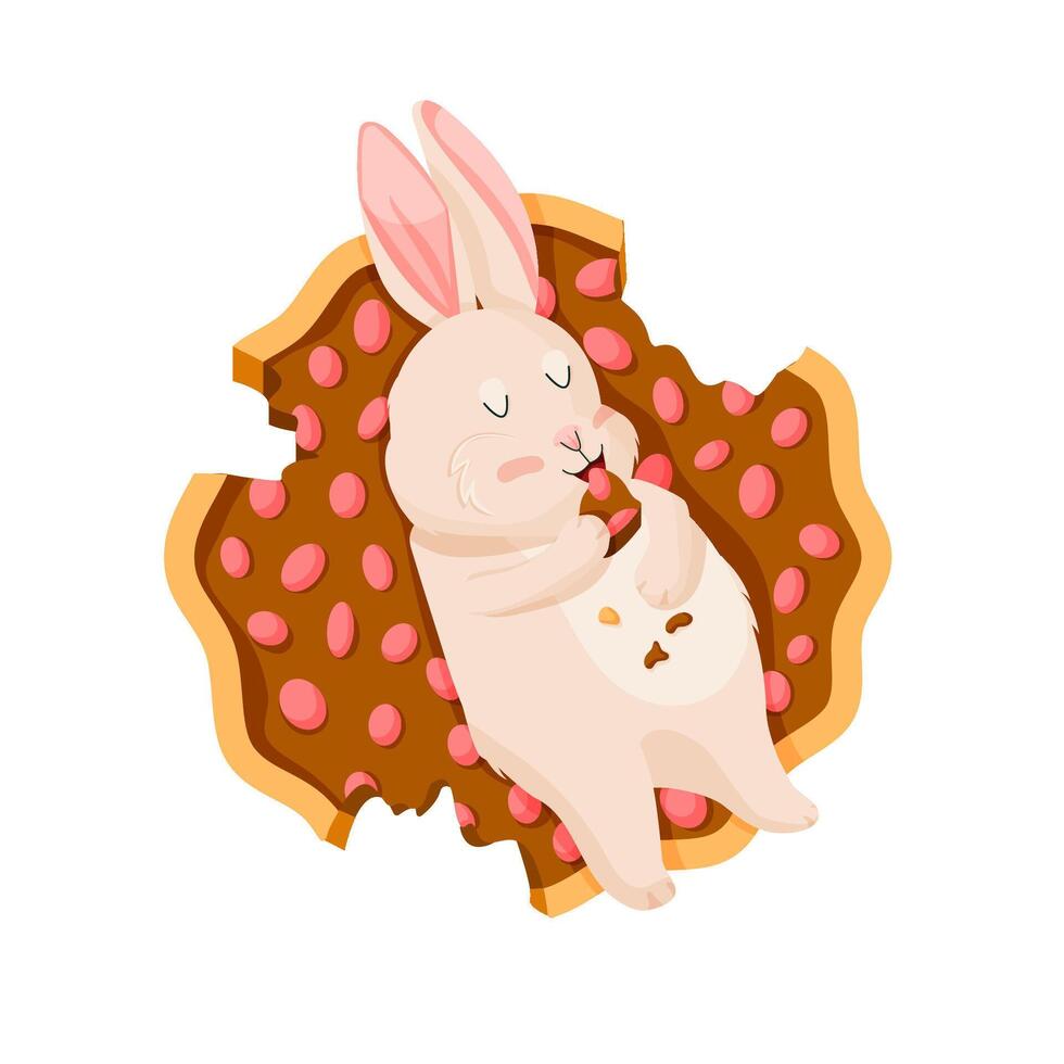 Rabbit lies on the pie and eats the cake. Cartoon style. Happy Easter bunny character design. Vector illustration isolated on a white background.