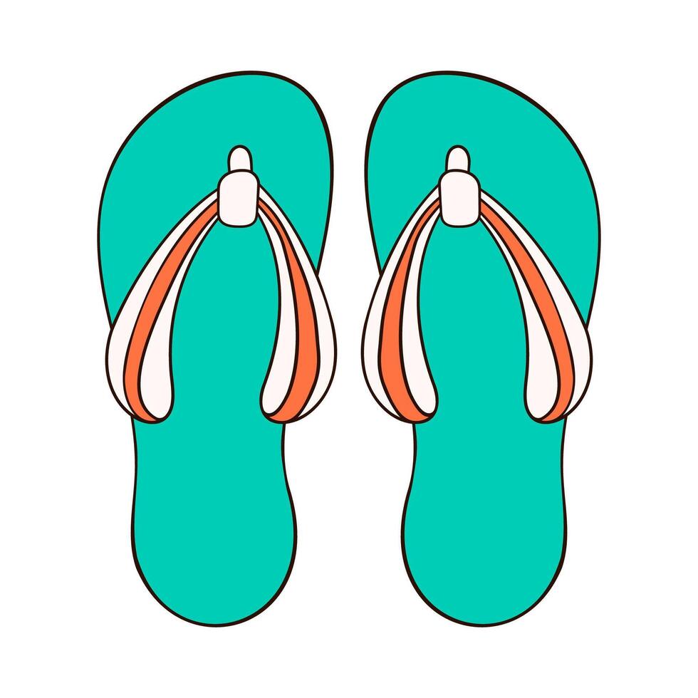 Pair of flip flops in cartoon style top view. Summer time slippers for male and female, shoes design green and orange color for shoes store. Vector illustration isolated on a white background.