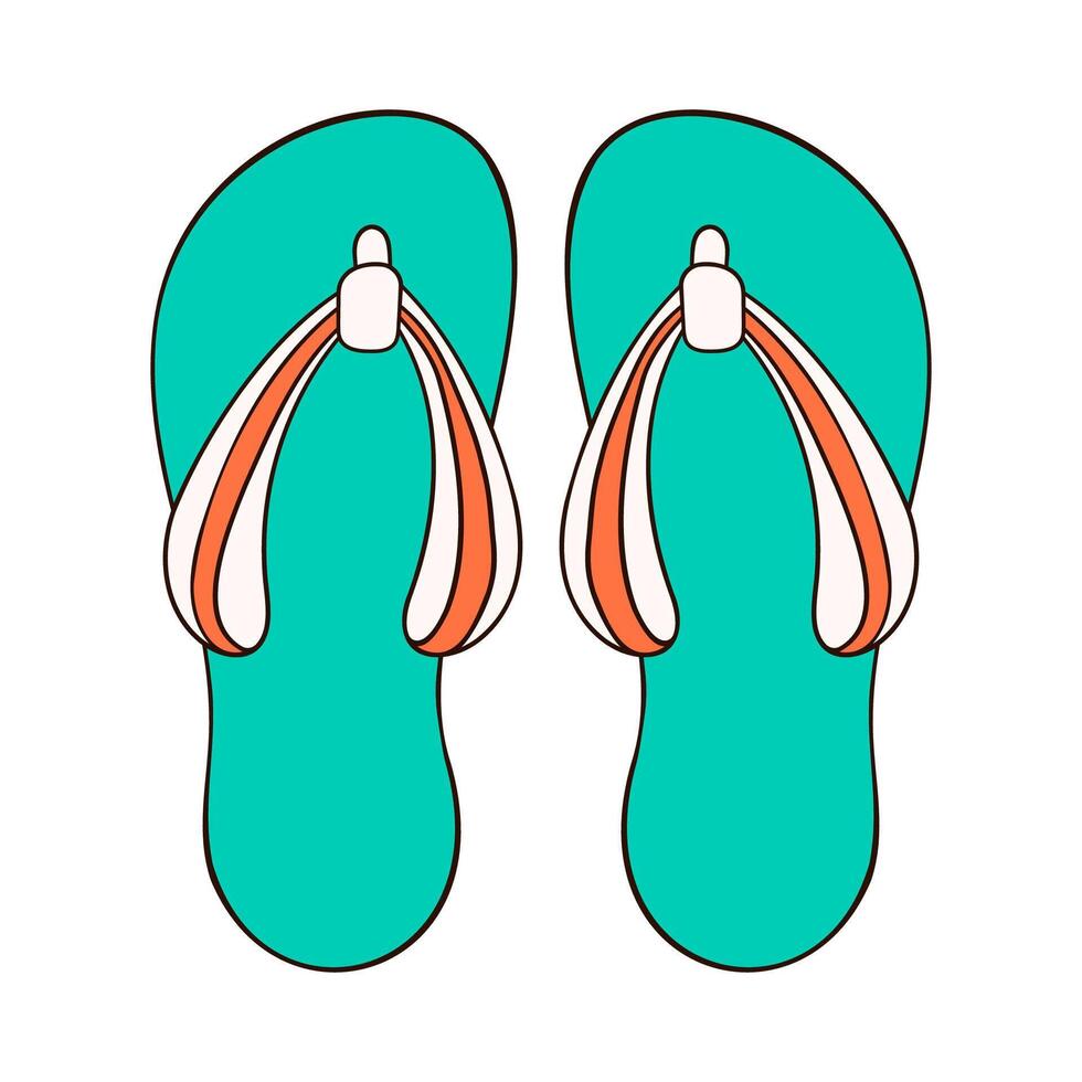 Pair of flip flops in cartoon style top view. Summer time slippers for male and female, shoes design green and orange color for shoes store. Vector illustration isolated on a white background.