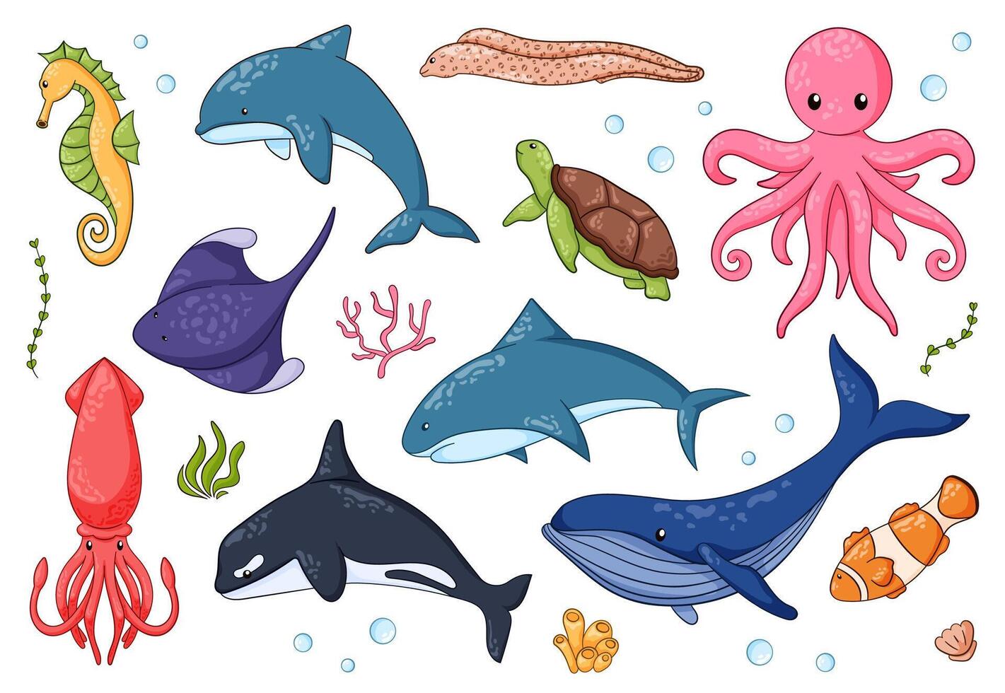 Undersea animals set in cartoon style. Underwater wild life creatures blue whale, clown fish, dolphin, killer whale, moray, octopus, sea horse, squid, stingray, turtle. Vector illustration isolated on