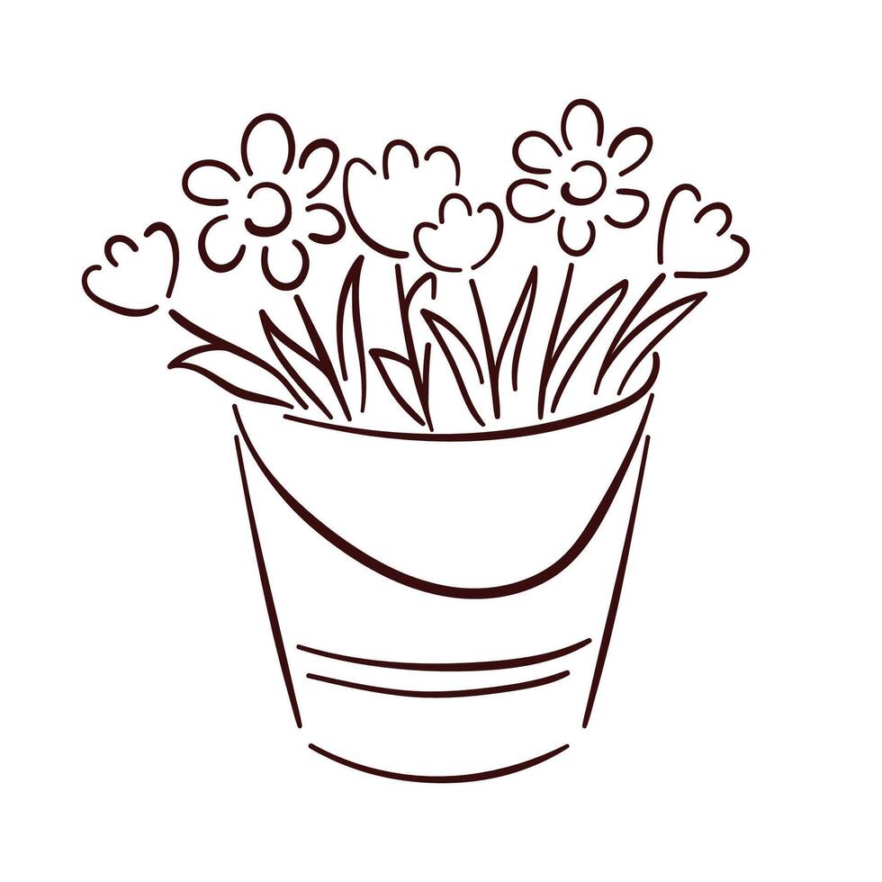 Bucket with spring daisy and tulip flowers in line art style. Vector illustration isolated on a white background.