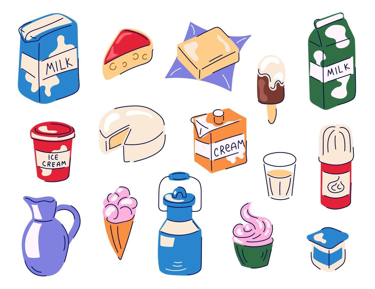 Collection of diary products, milk grocery. Butter milk, cheese, yogurt, cream and muffin. Vector flat illustration isolated on a white background.