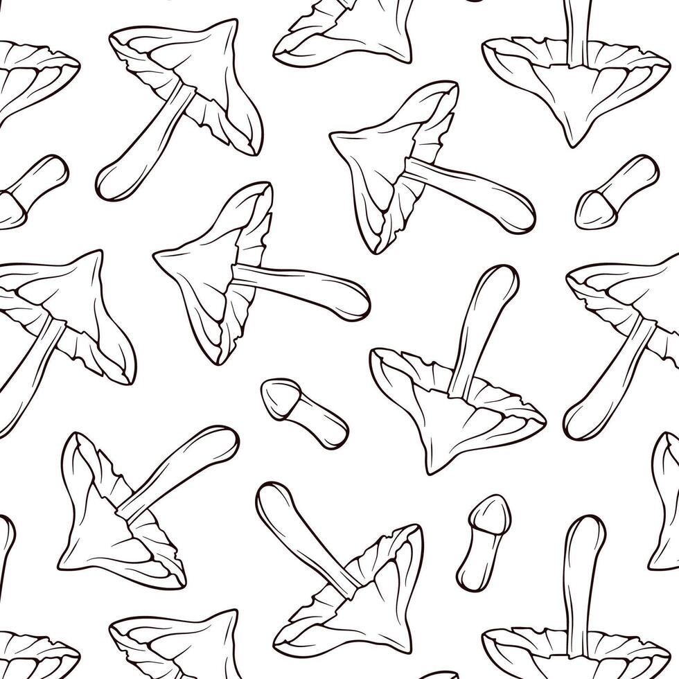 Seamless pattern of mushrooms Deadly webcap in line art style. Decorative backdrop for wallpaper, wrapping, fabric, decor. Vector illustration on a white background.
