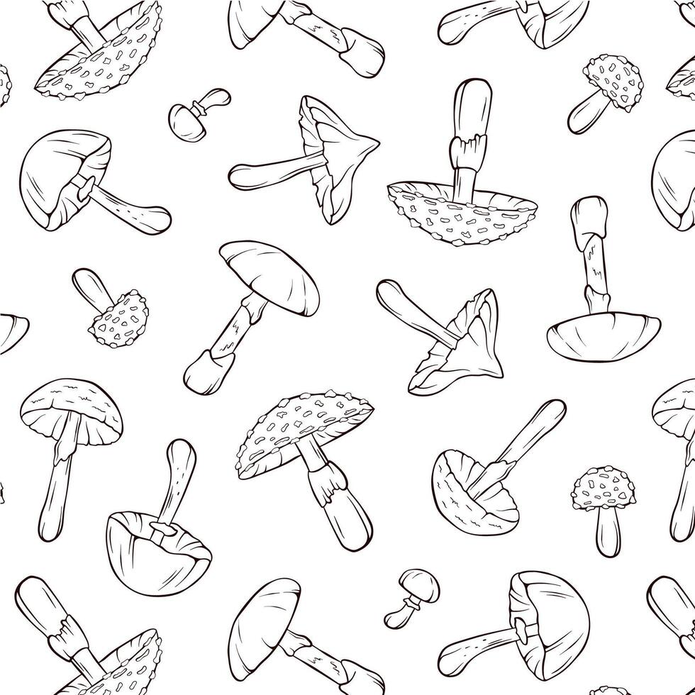 Seamless pattern with inedible mushrooms in line art style. Design wrapping paper, wallpaper, textiles with fly agaric, destroying angel, deadly webcap and autumn skullcap. vector