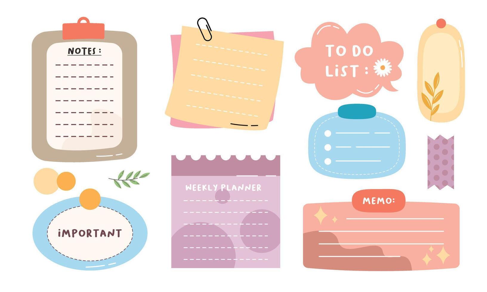 Cute Hand-Drawn Journal, Notepad, Planner Label, Paper Sheet, Sticky Note Vector Illustration