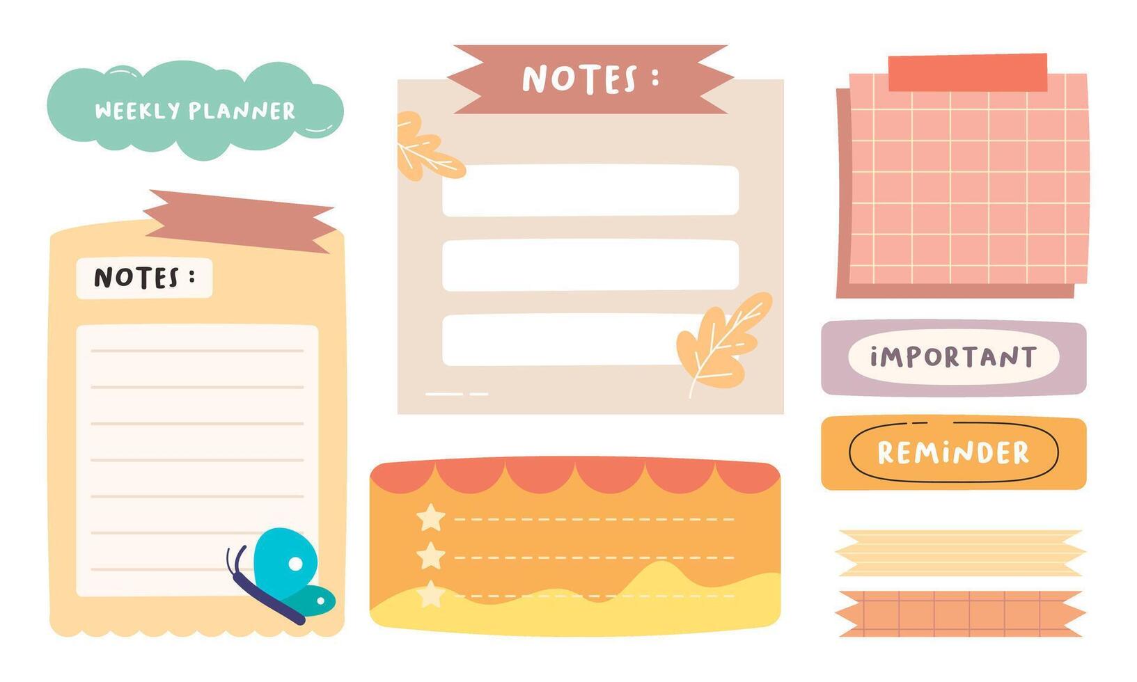 Cute Hand-Drawn Journal, Notepad, Planner Label, Paper Sheet, Sticky Note Vector Illustration