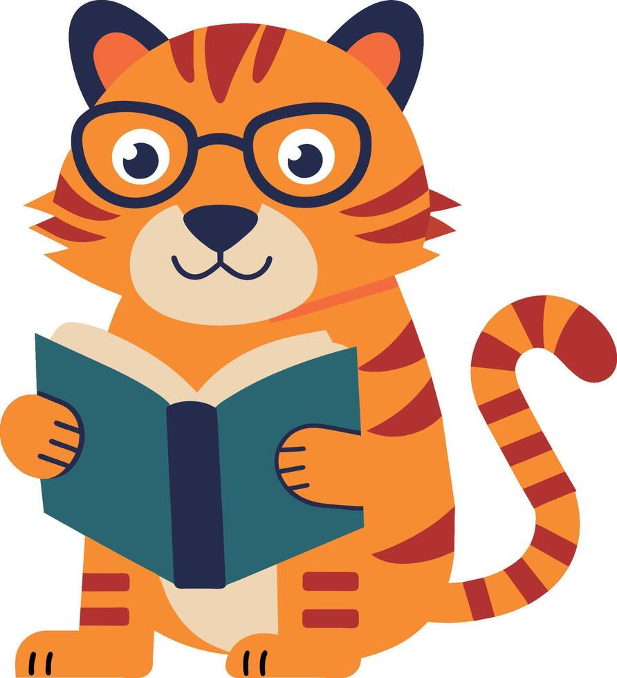 a illustration of a cute little tiger reading a book vector