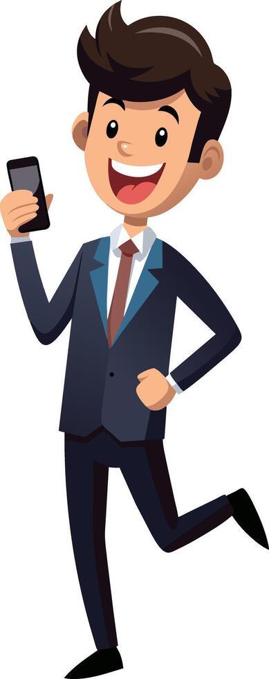 Businessman running and holding a smartphone. Vector clip art illustration.