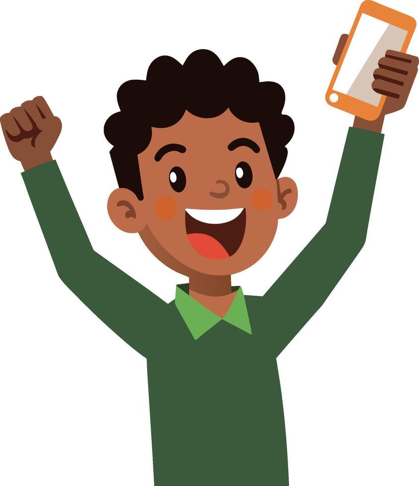 A boy feel happy when he got the new phone vector